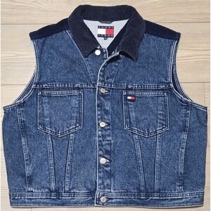 Vintage Tommy Hilfiger Vest Women XL Denim Lined Blue Jean Jacket Y2K